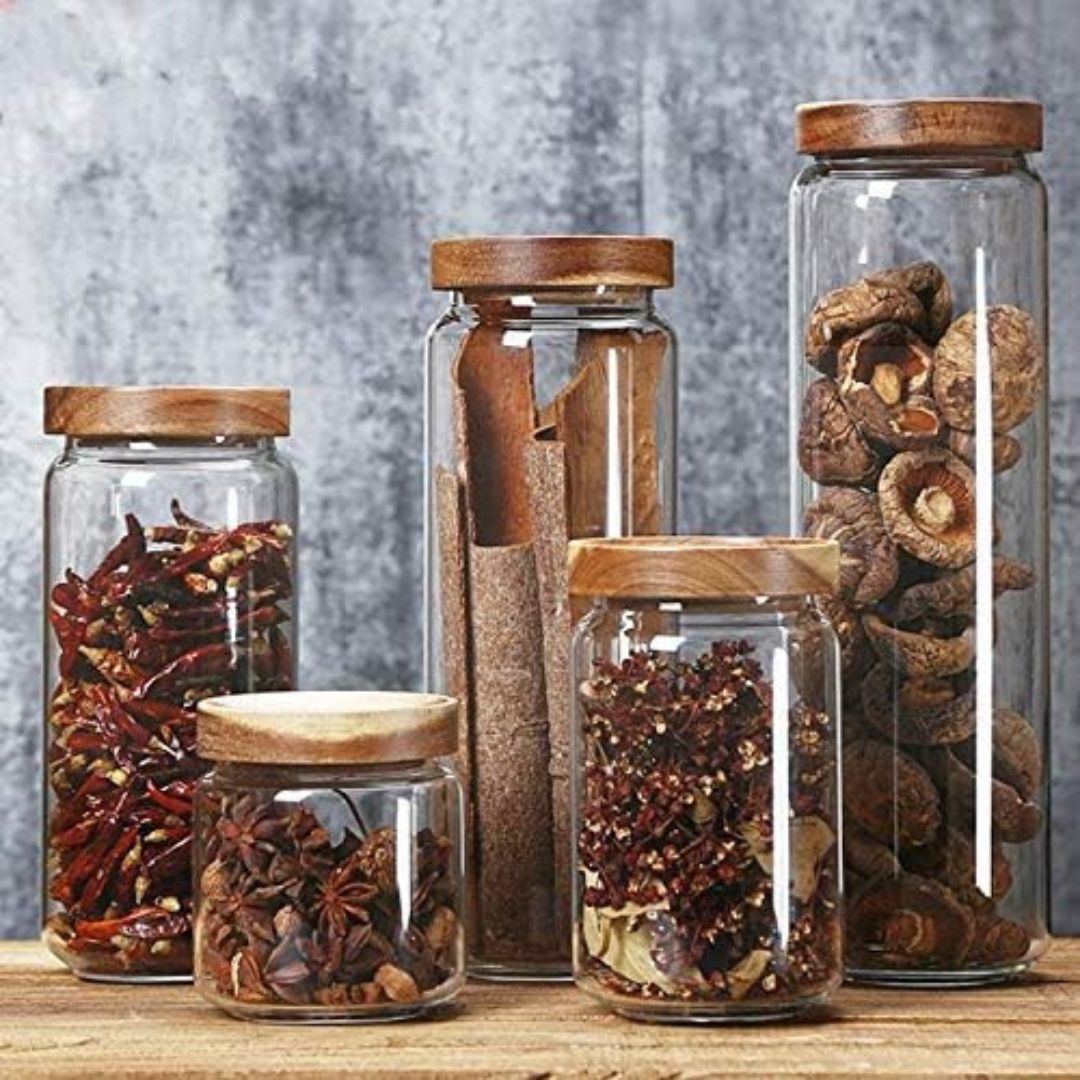 Set De Recipientes Organizadores En Vidrio Y Madera X5