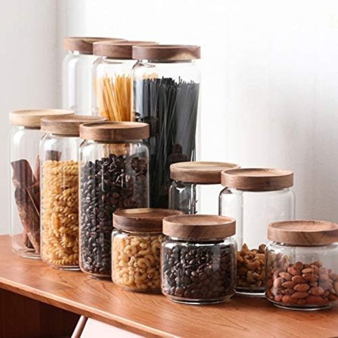 Set De Recipientes Organizadores En Vidrio Y Madera X5