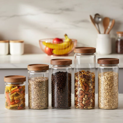 Set De Recipientes Organizadores En Vidrio Y Madera X5